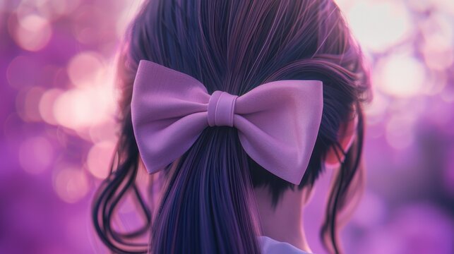 Dreamy Purple Bow Hair Accessory, back view of a girl's hair with a dreamy purple bow clip against a bokeh background offers a playful and youthful vibe