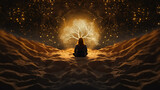 Fototapeta  - Woman meditating in the desert night, watching a magical spirit tree grow in front of her. Energy work, spiritual practice. Nighttime landscape filled with golden light and sparkles.