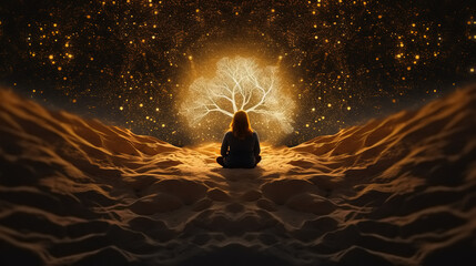 Wall Mural - Woman meditating in the desert night, watching a magical spirit tree grow in front of her. Energy work, spiritual practice. Nighttime landscape filled with golden light and sparkles.