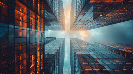 Wall Mural - View from below of towering modern skyscrapers with reflective glass against a sunset sky.