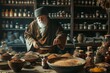 A man stands in front of a table filled with an abundant variety of food, An ancient apothecary preparing traditional medicine, AI Generated