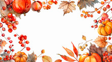 A Watercolor Painting Featuring Vibrant Autumn Leaves In Shades Of Red, Orange, And Yellow, Alongside Plump Pumpkins. A Festive Backdrop For Halloween. Autumn Mood. Postcard. Banner. Copy Space