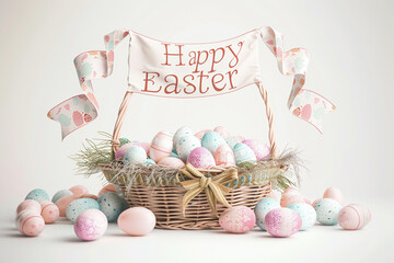 Wall Mural - Happy easter caption with easter eggs in a basket on a white background