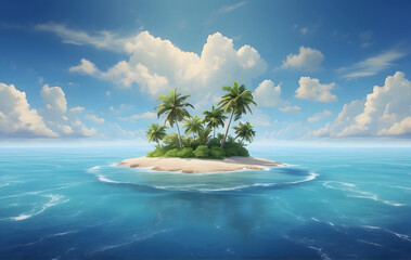 A tranquil small island adorned with two palm trees, situated amidst the vast expanse of the ocean under a serene blue sky with fluffy clouds.