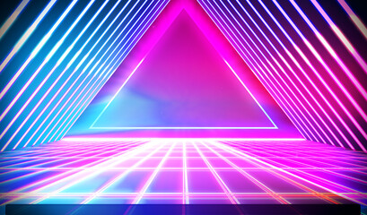 Poster - Retro 80s-90s Sci-Fi background futuristic grid landscape neon. Digital Cyber Surface. Suitable for design in the style of the 1980`s. 3D illustration