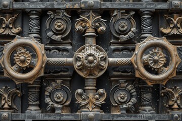 This photo showcases a detailed close-up of a metal fence featuring intricate and ornate designs, An intricate design of an antique, iron weightlifting set, AI Generated