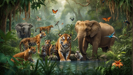 Wall Mural - group of animals in forests
