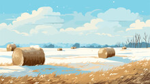 Straw Bales On Farmland In Winter With Blue Cloudy