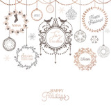 Fototapeta Boho - Vintage Christmas Wreath Design, Winter Holiday Calligraphic Card, Vector Page Typography Decoration, Ornate, Swirls