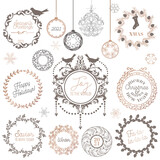 Fototapeta Boho - Christmas Winter Wreath, Vintage Calligraphic Design Elements and Page Decoration New Year, Swirls Frames