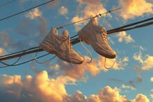 Tennis Shoes Hanging From Power Line, Basketball Shoes Hanging Off A Telephone Wire, Detailed Stitching And Laces Fluttering In The Wind, AI Generated