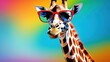 Funny giraffe with glasses on a colorful background, portrait of a giraffe with glasses