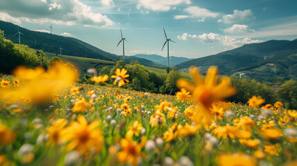 A field of yellow wildflowers with wind turbines in the background, representing sustainable energy and natural beauty.