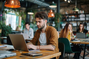 Wall Mural - A man is seen sitting in front of a laptop computer, engrossed in his work, Creative entrepreneur at a bustling co-working space, AI Generated