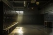 Dimly Lit Room With Lockers and Benches, Dramatically light and shadow a locker room scenario post an intense hockey game, AI Generated