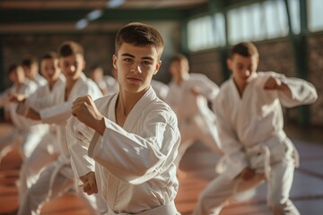 Poster - A group of young men stand next to each other on top of a wooden floor, Group of karate students practising their punches and kicks, AI Generated