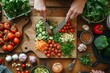 An individual is using a knife to chop vegetables on a wooden cutting board, Healthy organic food being prepared for holistic nutrition, AI Generated