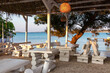 Luxury seaview restaurant on idyllic beach in coastal town Medulin, Istria peninsula, Croatia, Europe. Scenic coastline view of Kvarner Gulf,  Adriatic Mediterranean Sea. Travel destination in summer