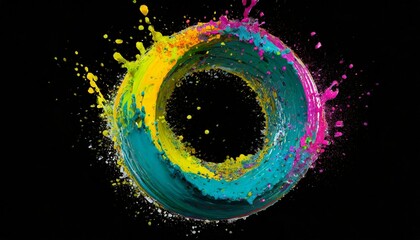 Wall Mural - Abstract circle liquid motion flow explosion. Curved wave colorful pattern with paint drops on black background