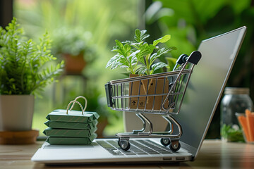Wall Mural - A laptop computer and a shopping cart with a green plant and parcel box inside, ecommerce concept