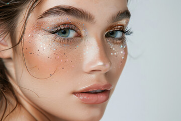 Woman face with gold glitter eyes makeup. Fashion celebrate makeup, glowy clear skin. Generative AI