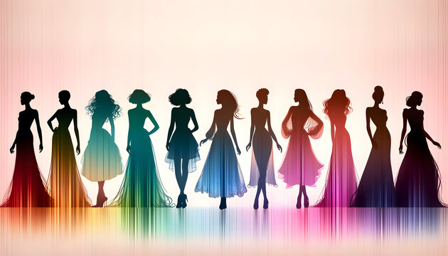 a row of female silhouettes in various fashionable dresses, creating an elegant fashion show lineup