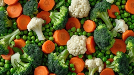 Vibrant mix of steamed broccoli, cauliflower, carrots, and peas.