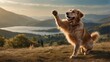 golden retriever dog with paw up in air 