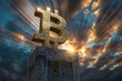 powerful golden bitcoin symbol statue on stone pedestal against dramatic moody sky with rays of sunlight breaking through the clouds symbolizing the value and resilience of cryptocurrency. 