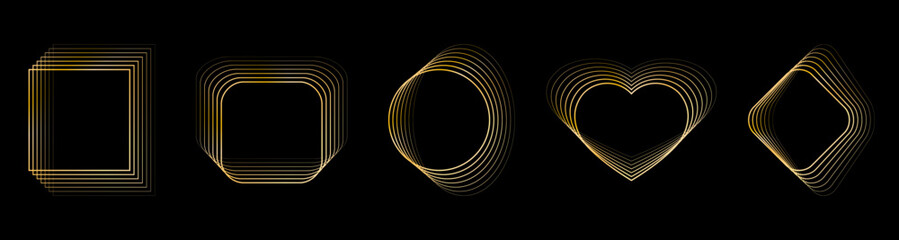 Sticker - Set of gradient gold abstract frames. Black background. Blended lines effect. Geometric shapes: square, circle, heart, rhombus. Distorted pattern