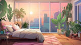 Fototapeta  - Quarto de dormir com plantas tropicais - Ilustração