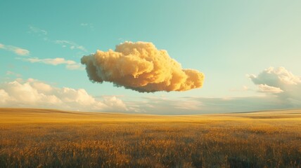 A large yellow cloud is floating in the sky above a field of yellow grass. The sky is mostly blue with a few clouds scattered throughout. Scene is peaceful and serene, with the vast open field