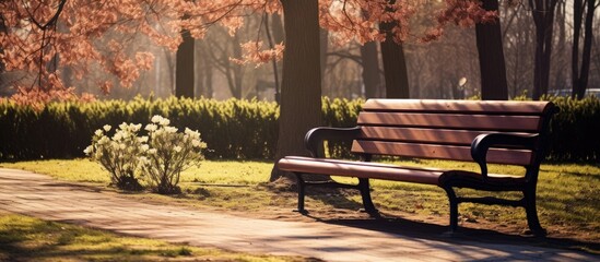 Wall Mural - Park bench under tree in green grass