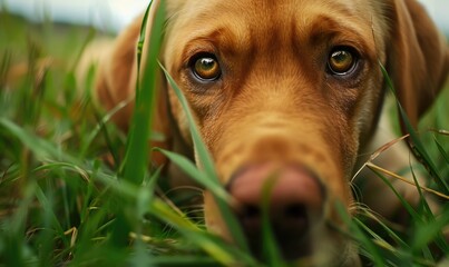 Wall Mural - Close-up of a curious Labrador puppy exploring a grassy field