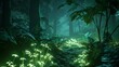A mystical forest scene at night, with bioluminescent plants that represent different vitamins glowing softly