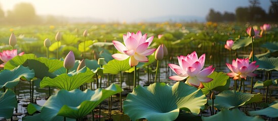 Wall Mural - Lotus flowers blooming in serene water surrounded by mountains