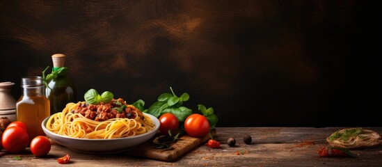 Poster - Bowl of pasta with tomatoes and basil on wooden surface