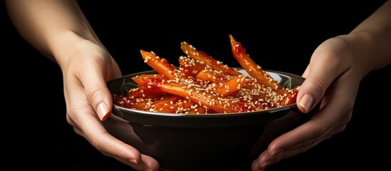 Wall Mural - Hand holding a bowl of food with sesame seeds and chili