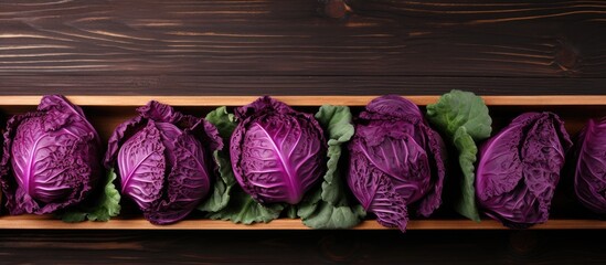 Poster - Purple cabbage leaves in wooden tray on table