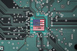 Flag of United States on a microprocessor, CPU or GPU microchip on a motherboard. Symbolizing the potential regulation of AI from the US Congress