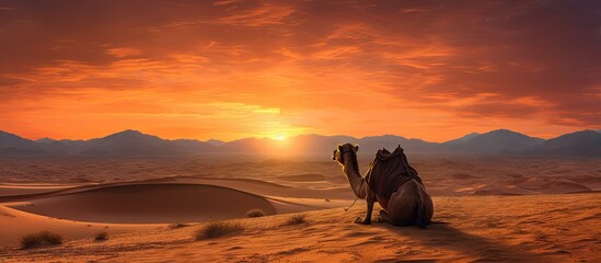 Wall Mural - Giraffe in desert at sunset with mountains