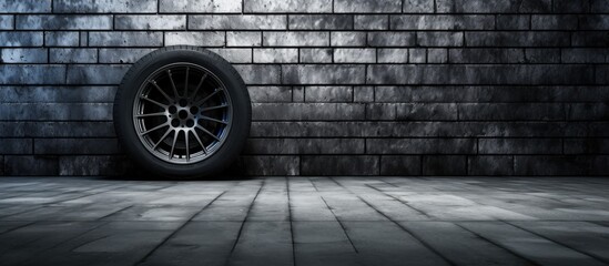 Rubber tire against brick wall with brick floor