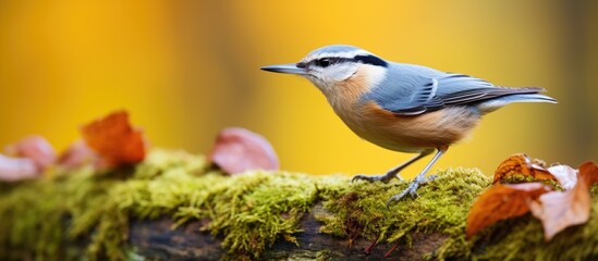 Canvas Print - Bird perched mossy branch leaves