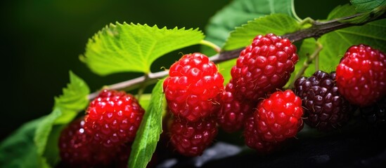 Poster - Close-up of clustered raspberries on a twig