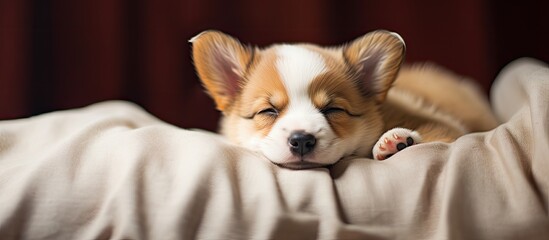 Wall Mural - Cute puppy napping on a cozy blanket and pillow