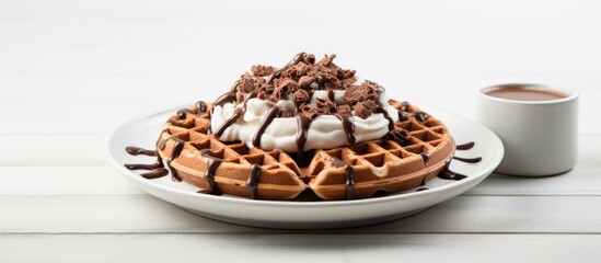 Canvas Print - A waffle topped with cream and chocolate syrup