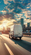 © Synthetica - Delivery shipment cargo courier van moving on road. Business distribution express service. White mini bus driving on highway. Cargo freight transportation deliver transport logistic shipping industry.