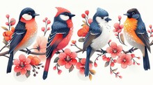 Clipart Of Watercolor Birds On A Branch With Leaves And Berries.
