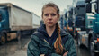 Portrait of young female truck driver standing in front of trucks