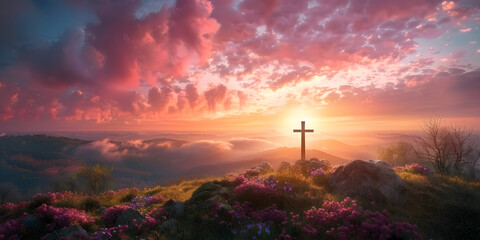 An Easter cross on a dawn background symbolizing the celebration of the resurrection of Jesus Christ.